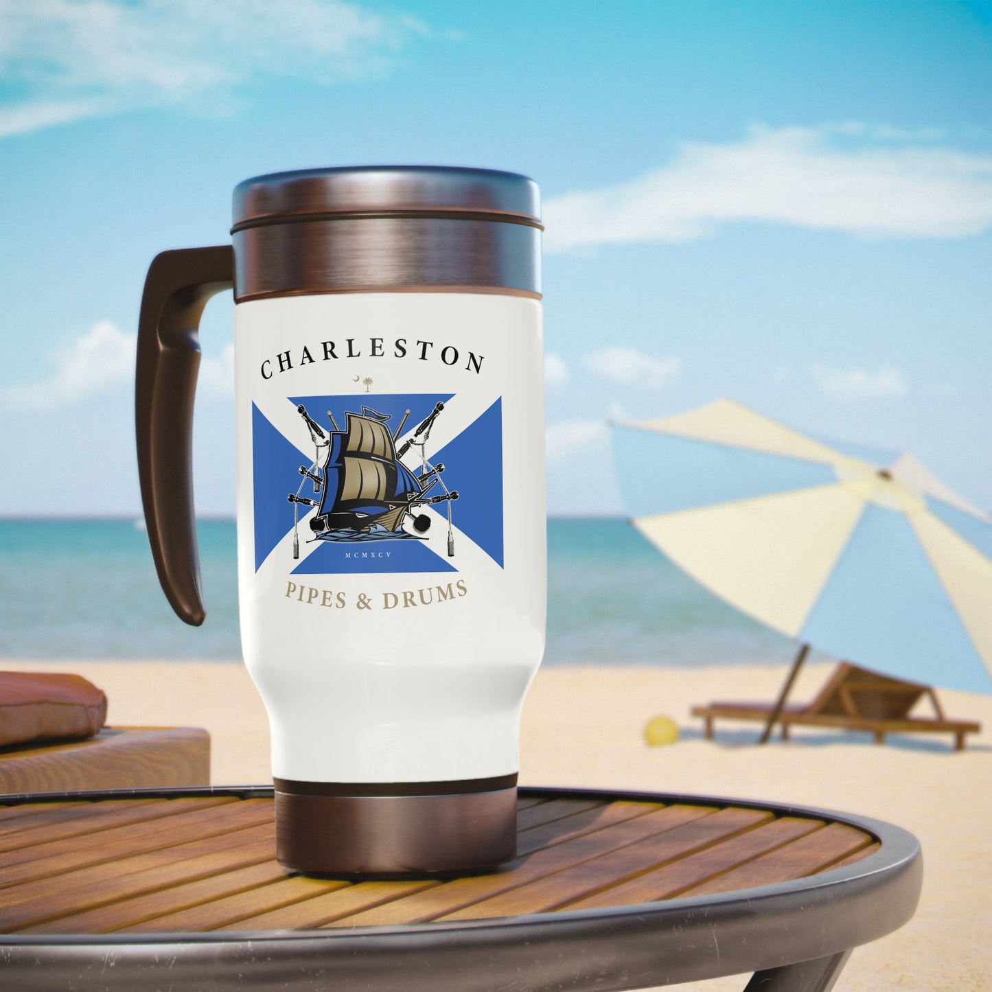 Charleston Pipes & Drums Stainless Steel Travel Mug with Handle, 14oz