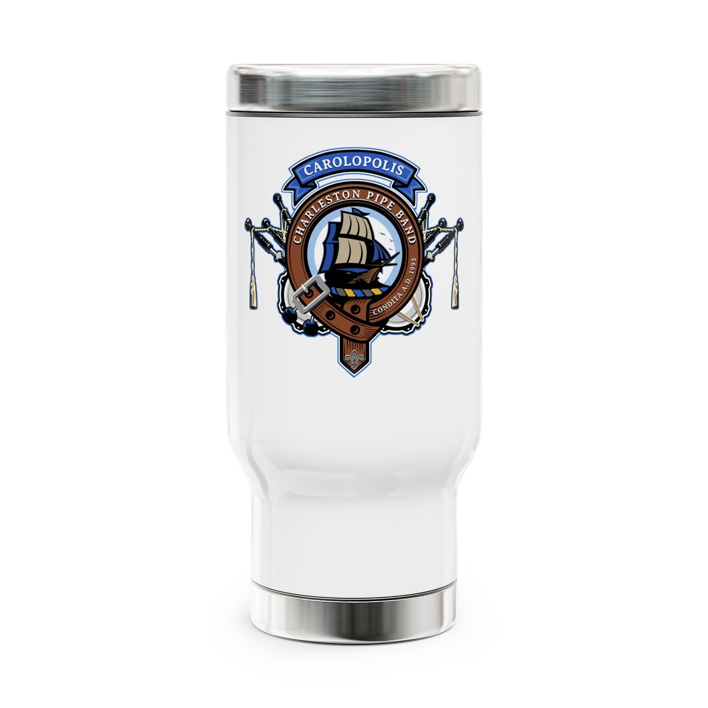 Charleston Pipe Band Clan Crest Stainless Steel Travel Mug with Handle, 14oz