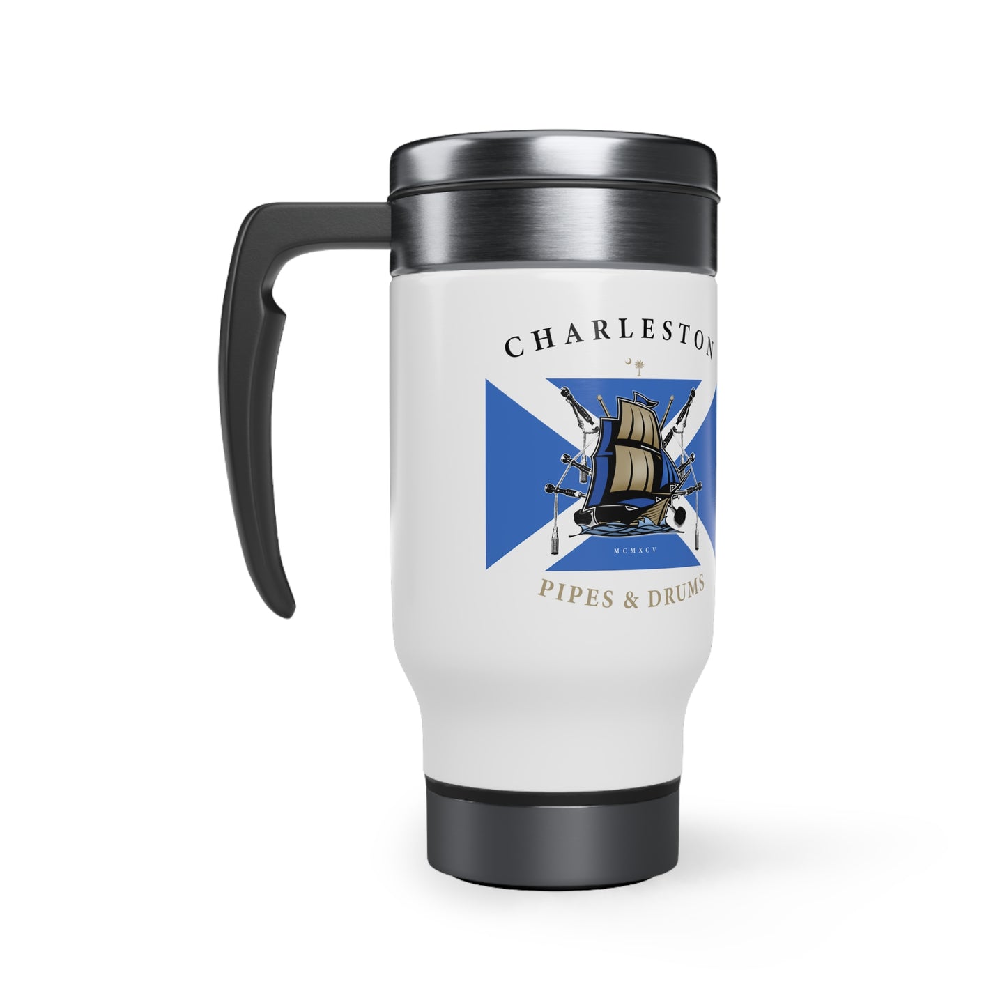 Charleston Pipes & Drums Stainless Steel Travel Mug with Handle, 14oz