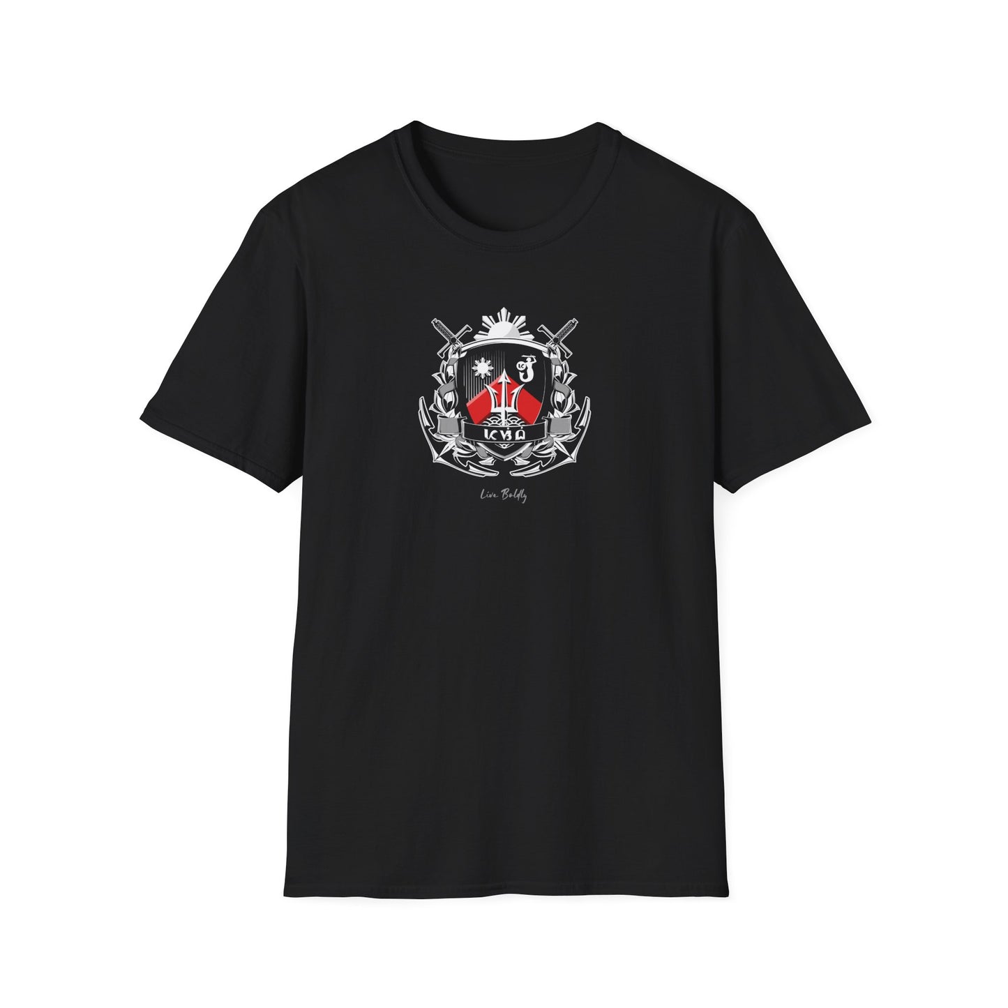 Pasibe Family Coat of Arms T Shirt, Original Design, White & Red on Black