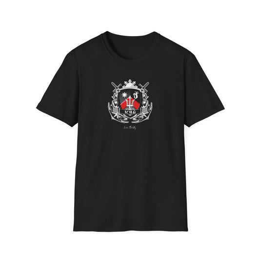 Pasibe Family Coat of Arms T Shirt, Original Design, White & Red on Black