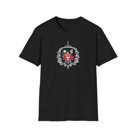 Pasibe Family Coat of Arms T Shirt 2, Original Design, White & Red on Black