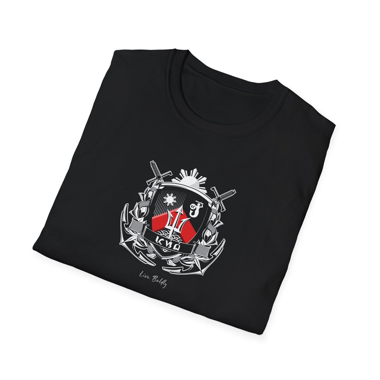 Pasibe Family Coat of Arms T Shirt, Original Design, White & Red on Black