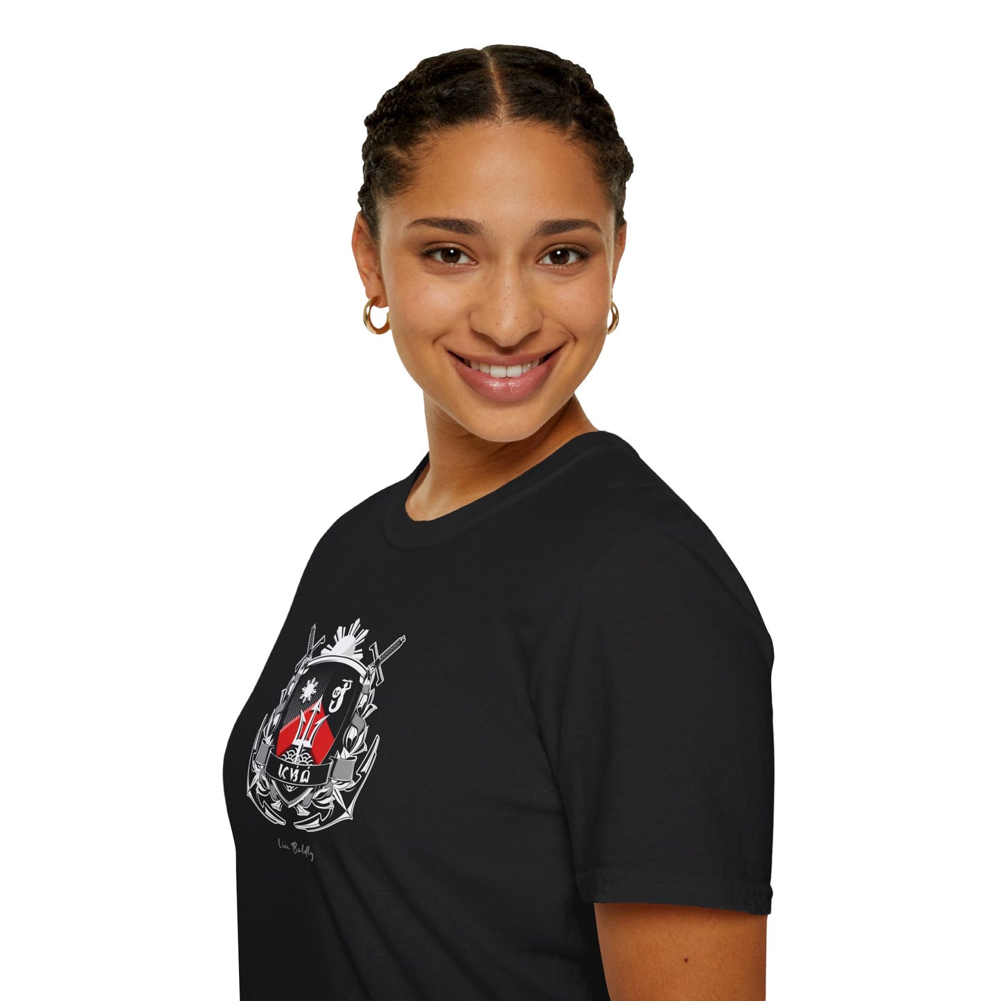 Pasibe Family Coat of Arms T Shirt, Original Design, White & Red on Black