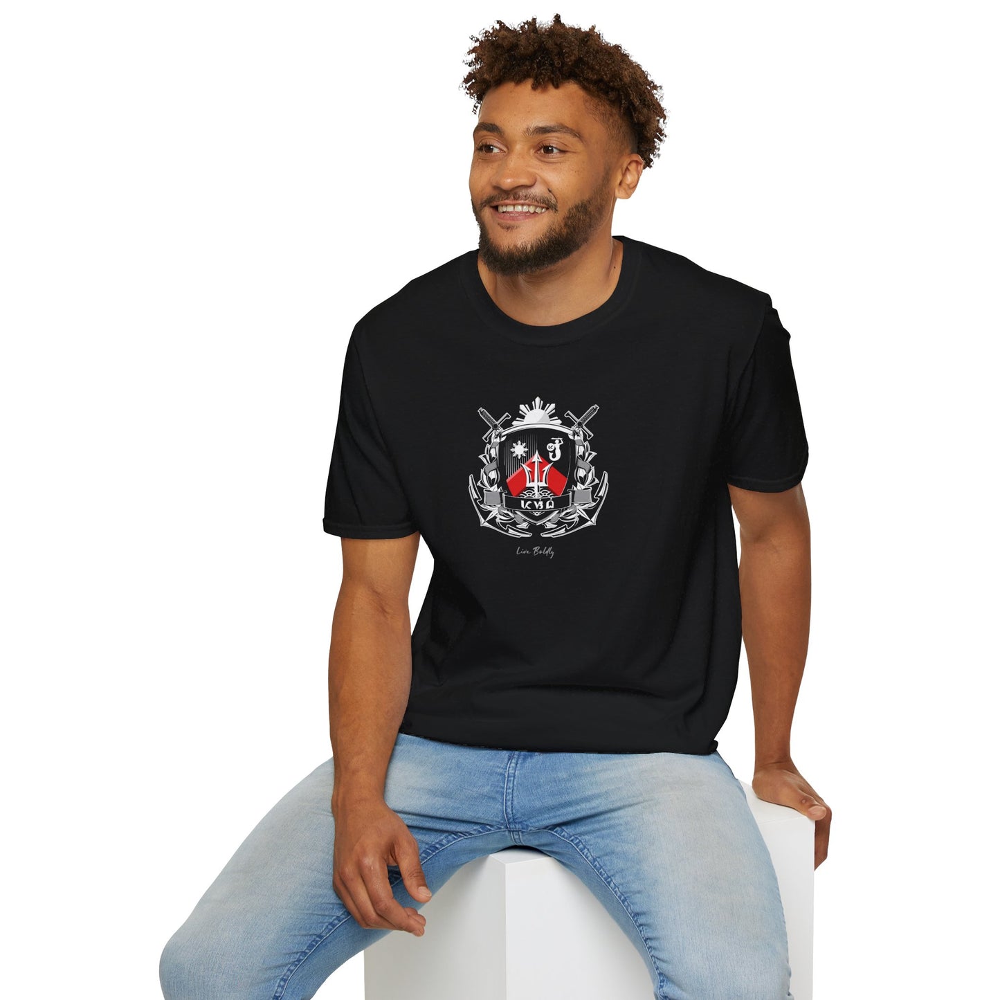 Pasibe Family Coat of Arms T Shirt, Original Design, White & Red on Black